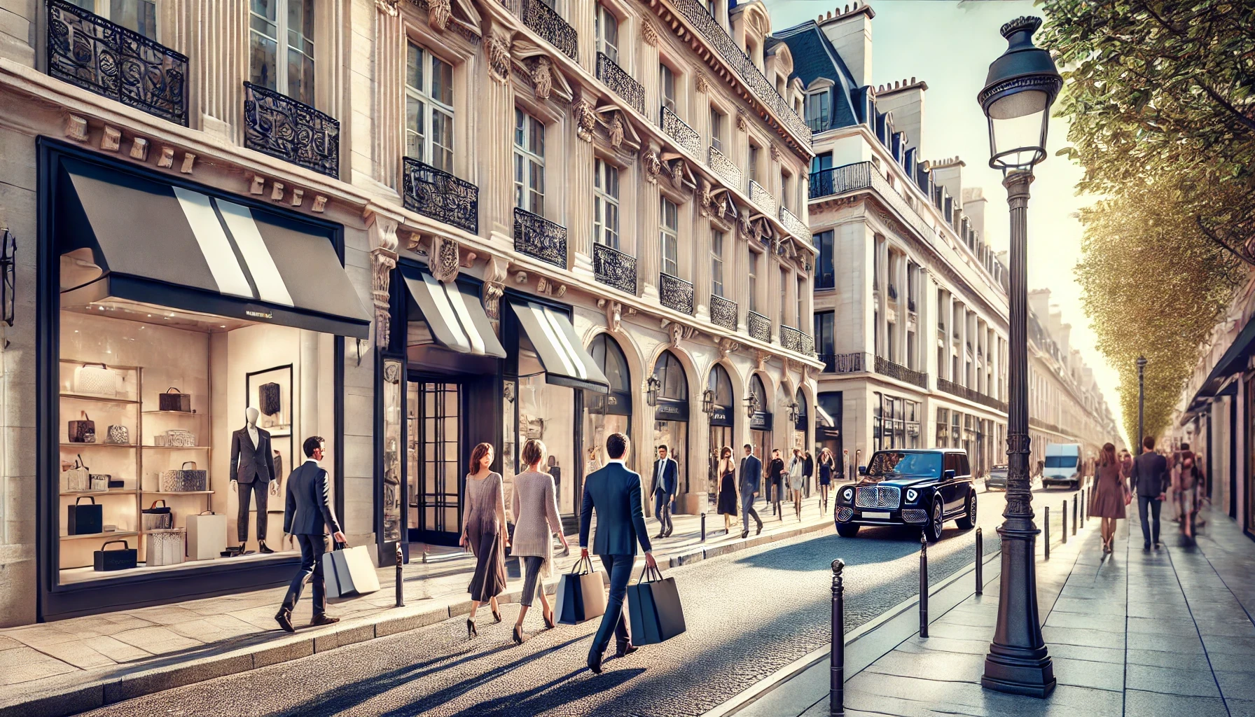 A luxurious Parisian shopping scene with elegant boutiques along the famous Champs-Elysées.