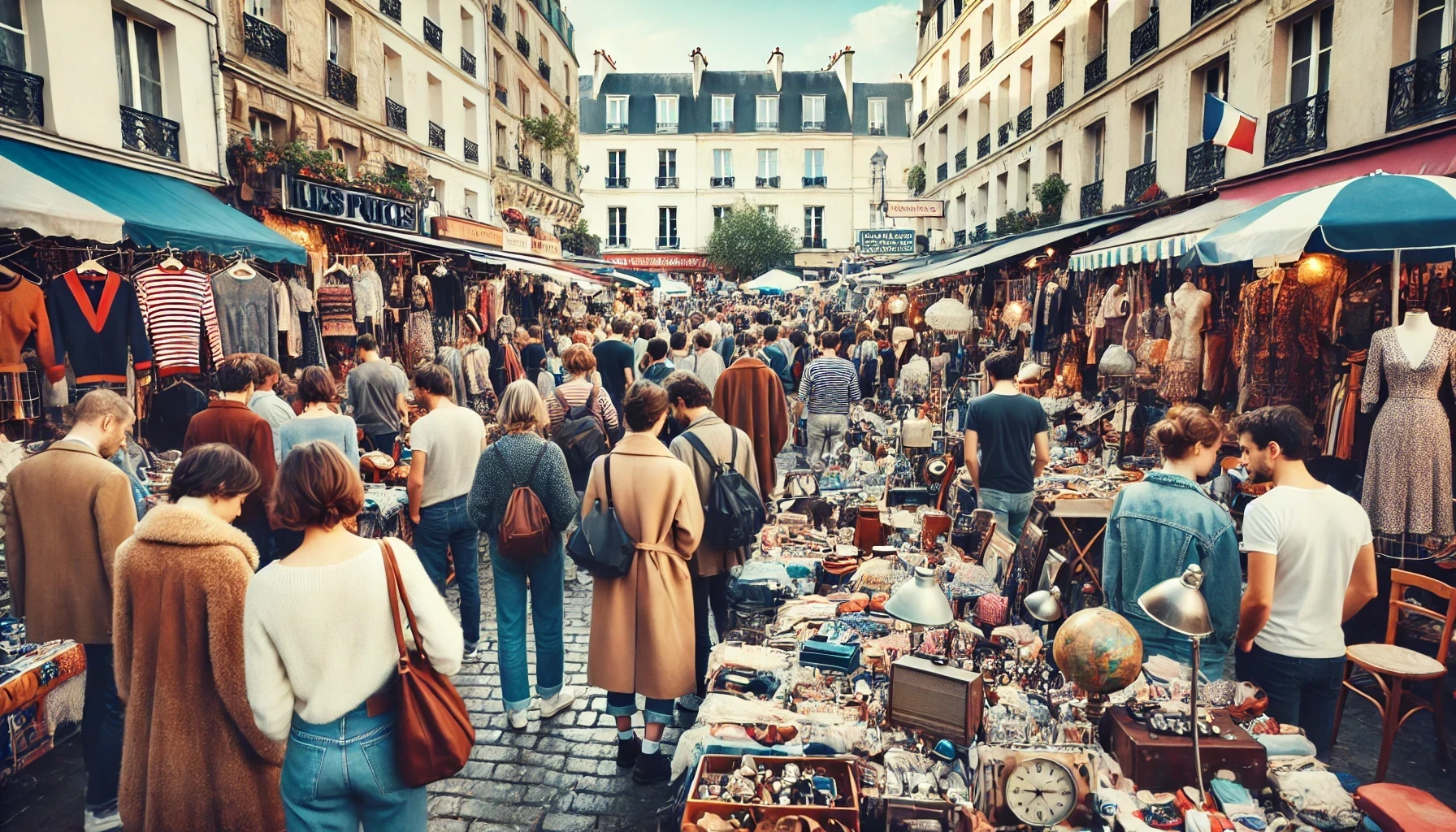 A bustling Parisian flea market scene at Les Puces de Saint-Ouen.